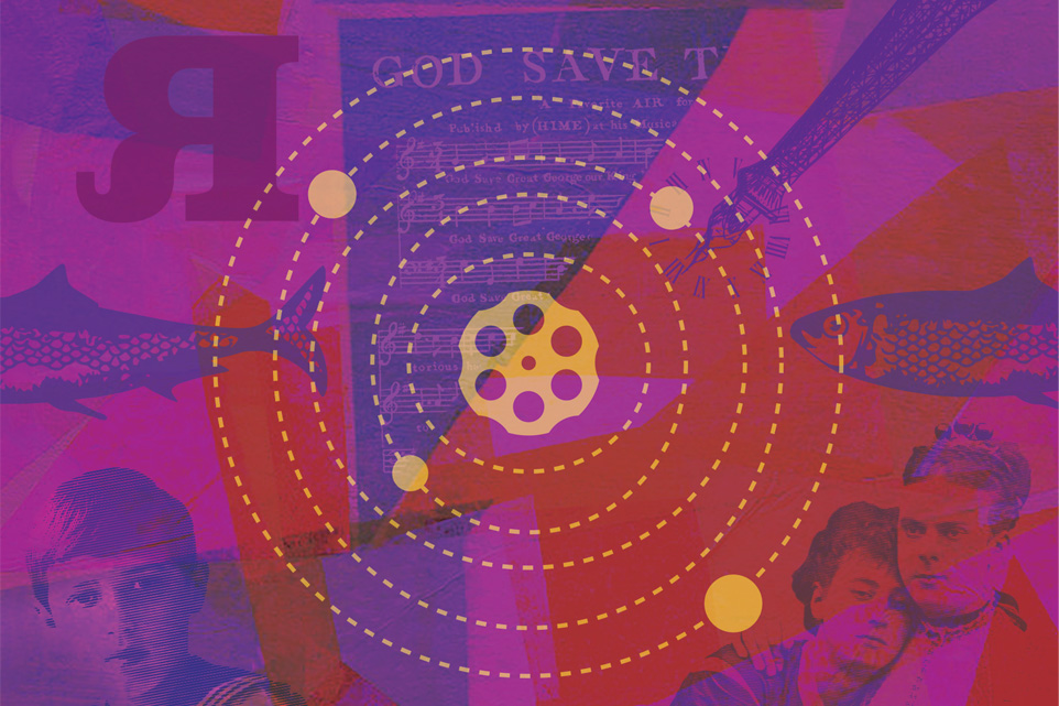 An artistic purple and pink collage-style image with circles in the centre