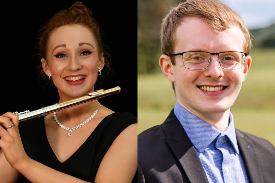 Two images side by side of Amy Gillen holding her flute and Frasier Hickland smiling