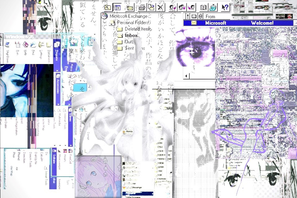 An abstract image of old Microsoft folders interspersed with images of anime characters