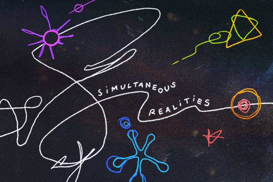 A graphic of colourful shapes against a black background, with text saying 'SIMULTANEOUS REALITIES'
