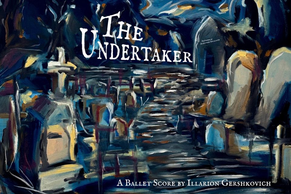 A painting of a graveyard at night, with text saying 'THE UNDERTAKER'