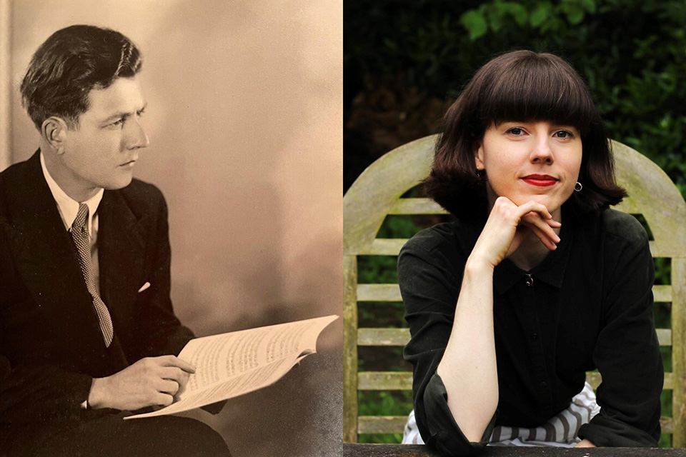 Left: a young Kenneth V Jones studies a score, Right: Irena Radic rests her hand on her chin and smiles