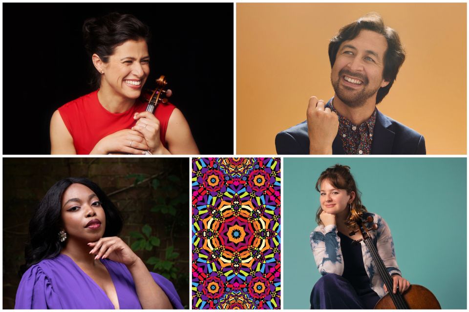 A collage of four musicians holding their instruments against colourful backgrounds