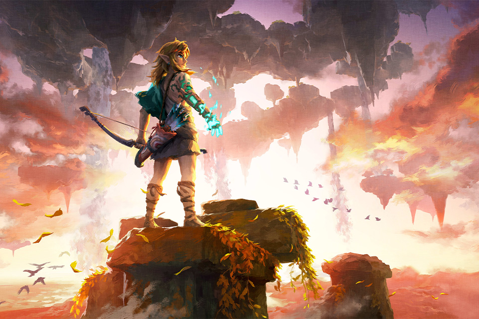 Video game art of Zelda standing on a rocky outcrop, holding a bow and arrow, with a colourful sunset in the background