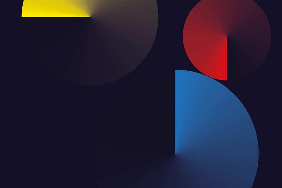 A graphic of three semi-circles in yellow, red and blue, on a dark navy background