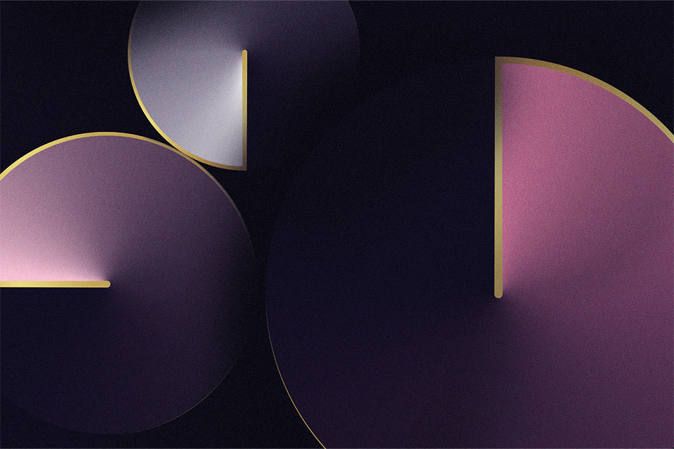 A graphic of three semi-circles in shades of light purple, on a dark navy background