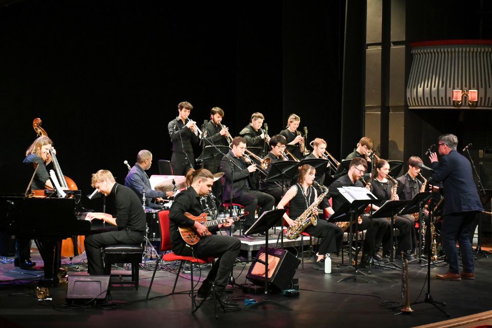 The RCM Jazz Orchestra perform on stage in the Britten Theatre
