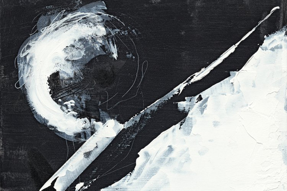 A painting by artist Kirtsy Matheson made up of swirling black and white brushstrokes