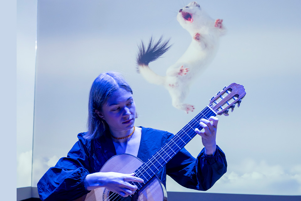 A young woman plays the guitar with a photograph of a feret projected on the wall behind her
